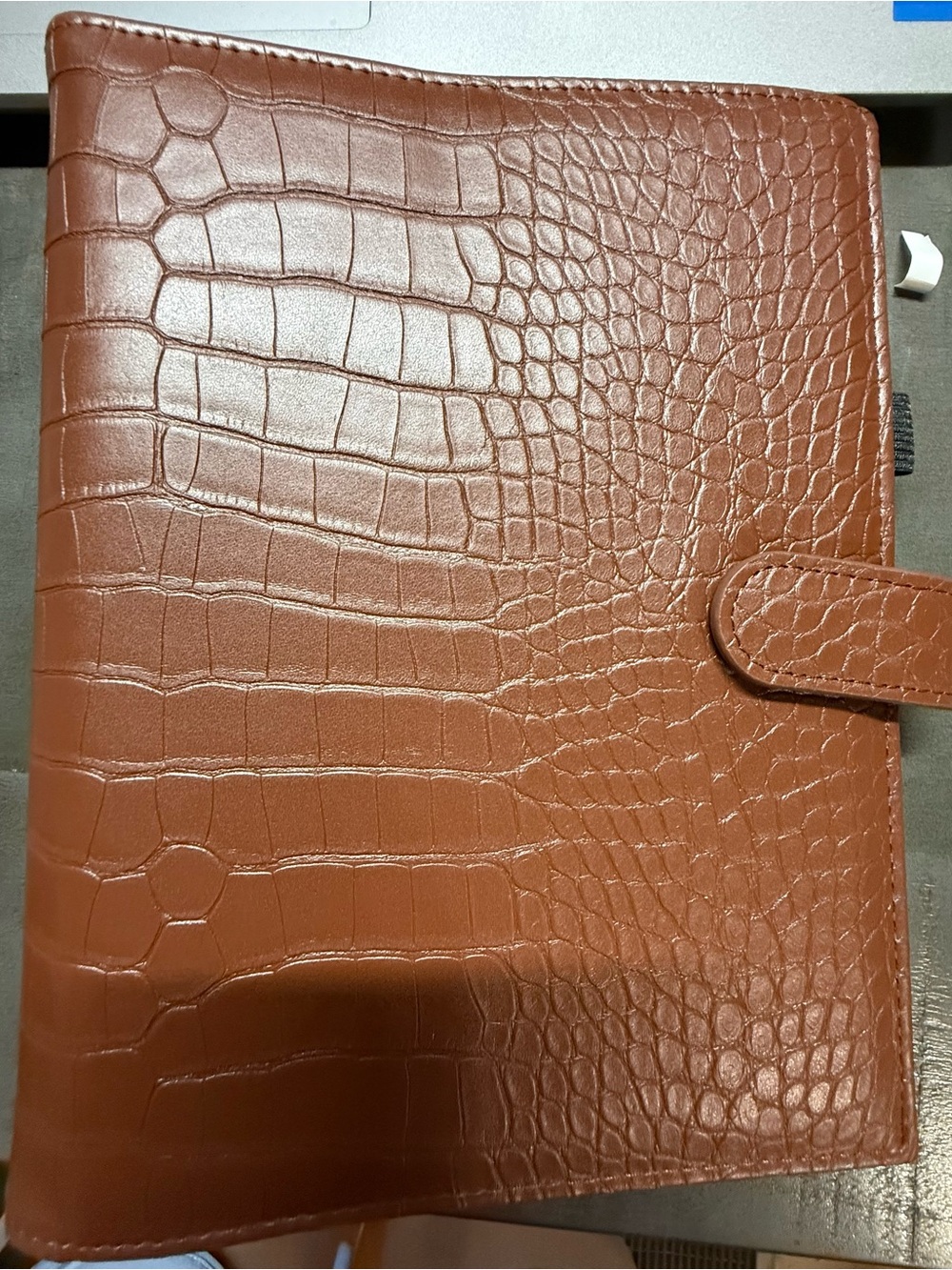 Croc-Embossed Brown Leather-Look Planner with Snap Closure